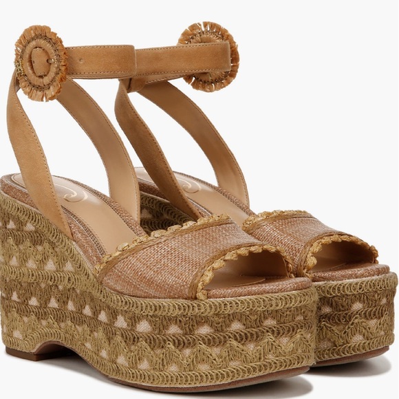 Sam Edelman Stylish Tan Embroidered Wedge Sandals Designer Various Sizes - Picture 1 of 16
